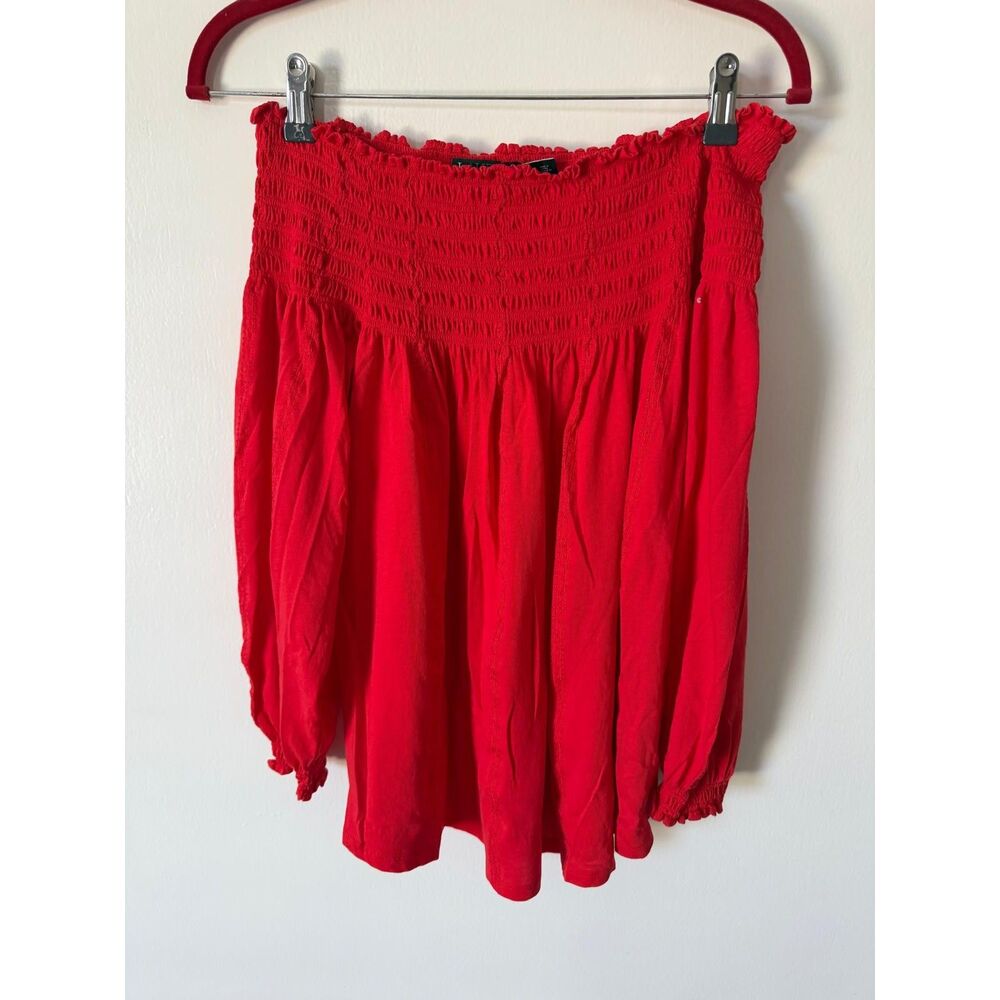 Polo Ralph Lauren Red Smocked Off-Shoulder Cotton Blend 3/4 Sleeve Blouse Sz M